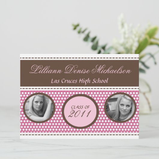 5x7 Bruin Roze Polka Dot Foto Senior Aankondiging (Staand voorkant)