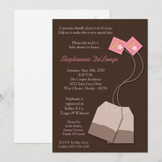 5x7 Bruin Tea Bag Tea Party Baby shower Uitnodigin Kaart (Voorkant / Achterkant)