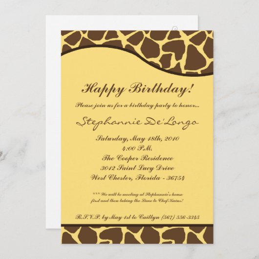 5x7 Bruine Giraffe Print Verjaardag Uitnodiging (Voorkant / Achterkant)