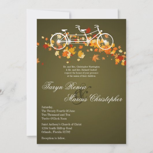 5x7 bruine Herfst Double Bike Wedding Invitation Kaart (Voorkant)