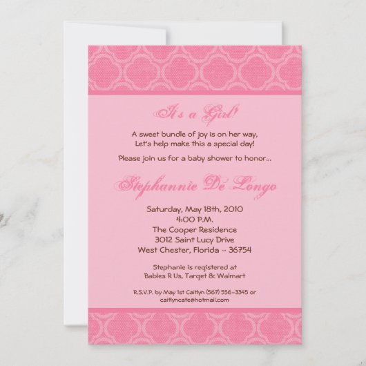 5x7 Bubblegum Damask Print Baby shower Uitnodiging (Voorkant)