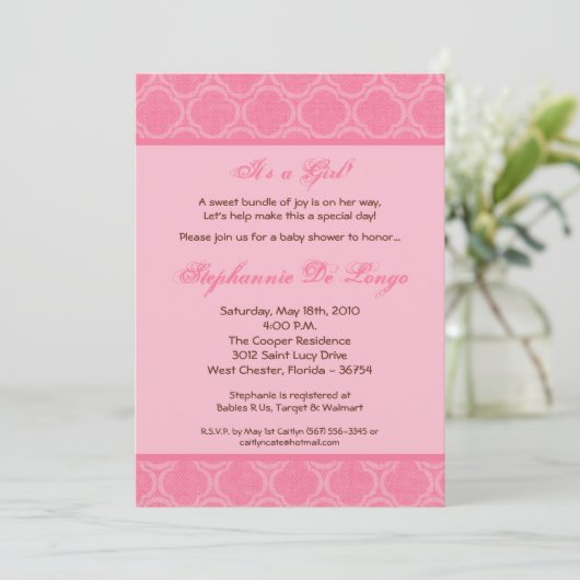 5x7 Bubblegum Damask Print Baby shower Uitnodiging (Staand voorkant)