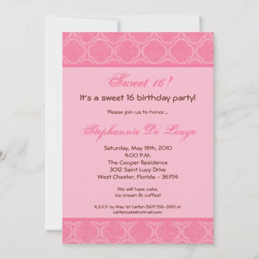 5x7 Bubblegum Damask Sweet 16 Verjaardag Uitnodigi Kaart (Voorkant)