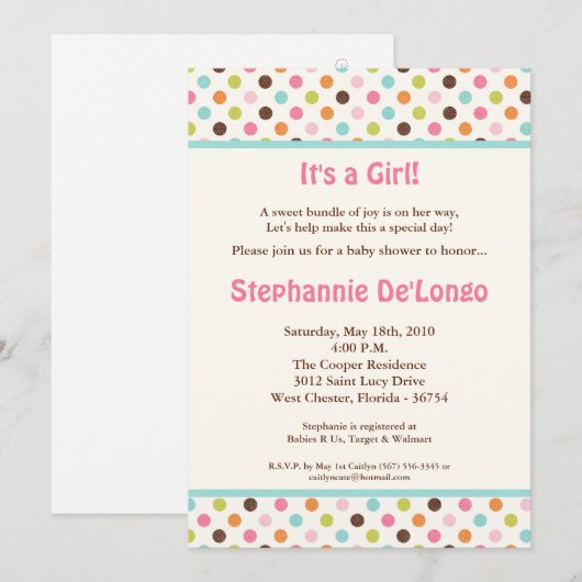 5x7 Bubblegum Polka Dot Pok Baby shower Uitnodigin Kaart (Voorkant / Achterkant)