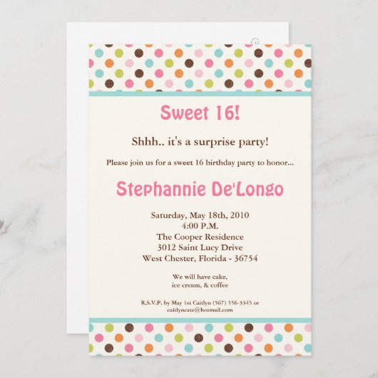 5x7 Bubblegum PolkaDot Sweet16 Verjaardag Uitnodig Kaart (Voorkant / Achterkant)