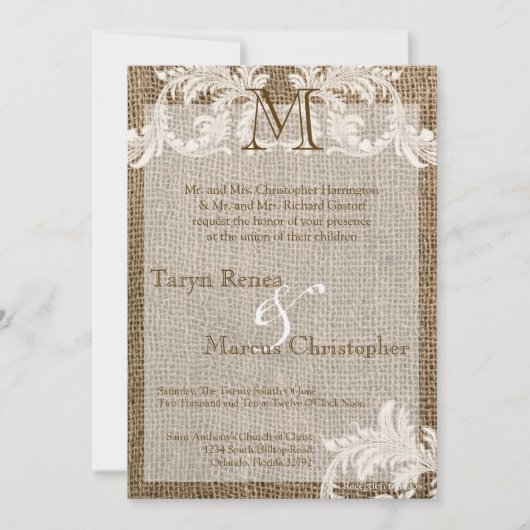 5x7 Burlap en Lace Monogram Wedding Invitation Kaart (Voorkant)