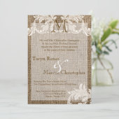 5x7 Burlap en Lace Monogram Wedding Invitation Kaart (Staand voorkant)