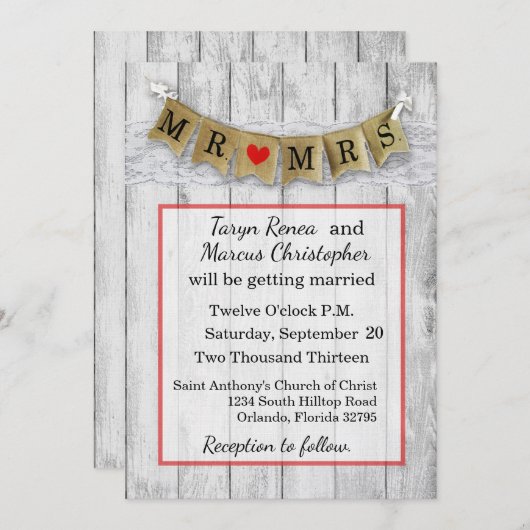 5x7 Burlap Mr. en Mrs. Banner bruiloft uitnodiging (Voorkant / Achterkant)