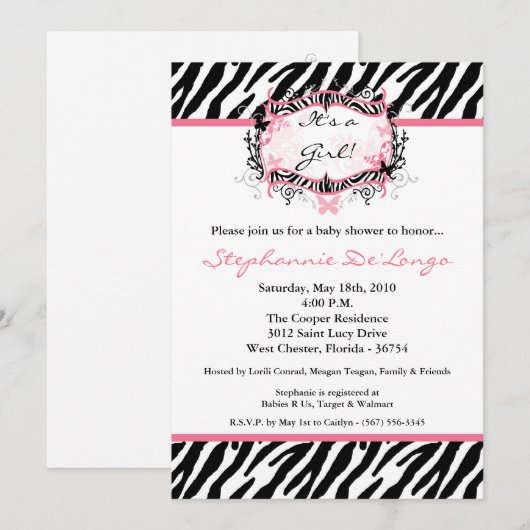 5x7 Butterfly Zebra Print Baby shower Uitnodiging (Voorkant / Achterkant)