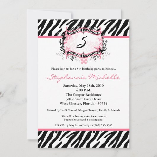 5x7 Butterfly Zebra Print Birthday Part Invitation Kaart (Voorkant)