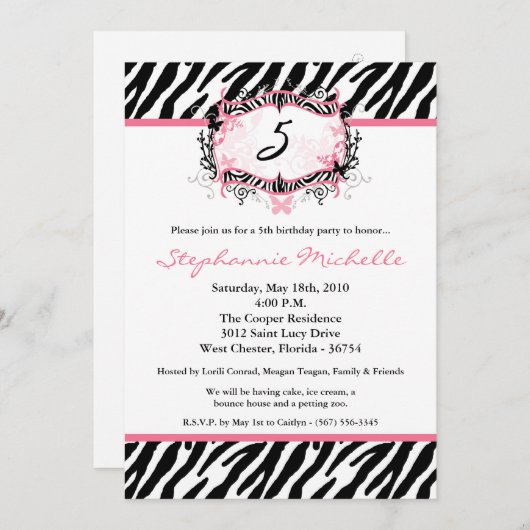 5x7 Butterfly Zebra Print Birthday Part Invitation Kaart (Voorkant / Achterkant)