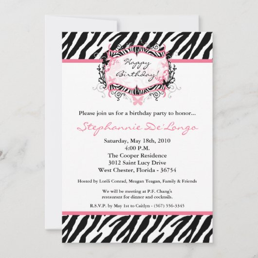 5x7 Butterfly Zebra Print Birthday Part Invitation Kaart (Voorkant)