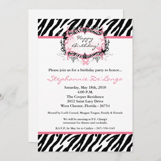 5x7 Butterfly Zebra Print Birthday Part Invitation Kaart (Voorkant / Achterkant)