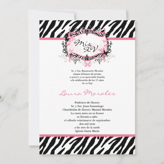 5x7 Butterfly Zebra Print Quinceanera Invitation Kaart (Voorkant)