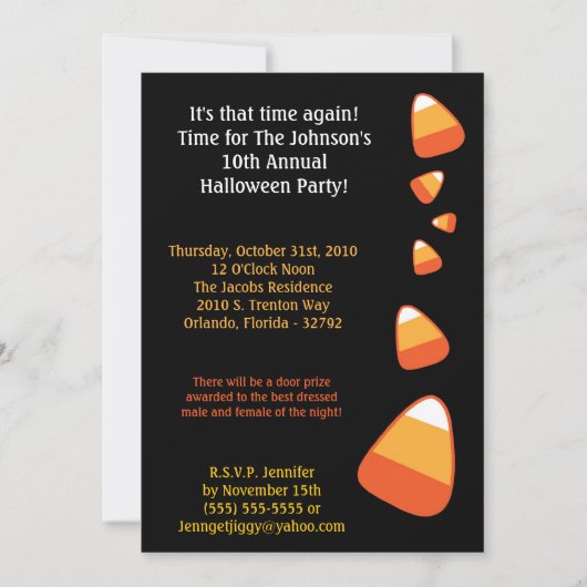 5x7 Candy Corn Halloween Costume Party Invitation Kaart (Voorkant)
