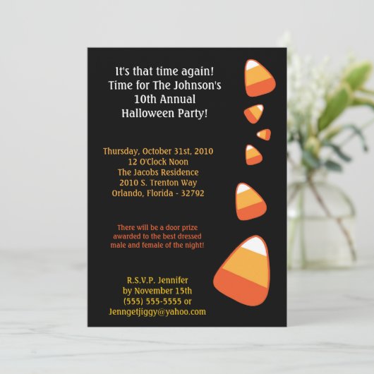 5x7 Candy Corn Halloween Costume Party Invitation Kaart (Staand voorkant)