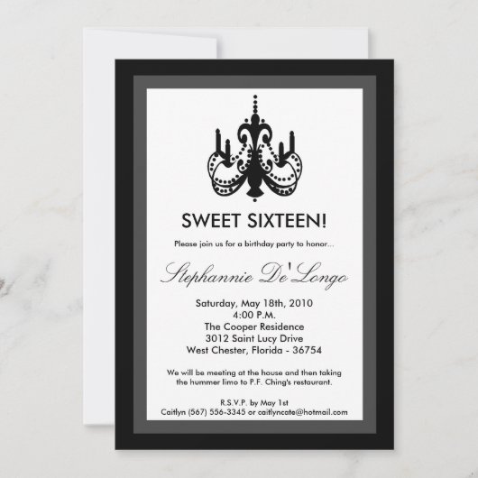 5x7 Chandelier Black White 16 Birthday Invitation Kaart (Voorkant)