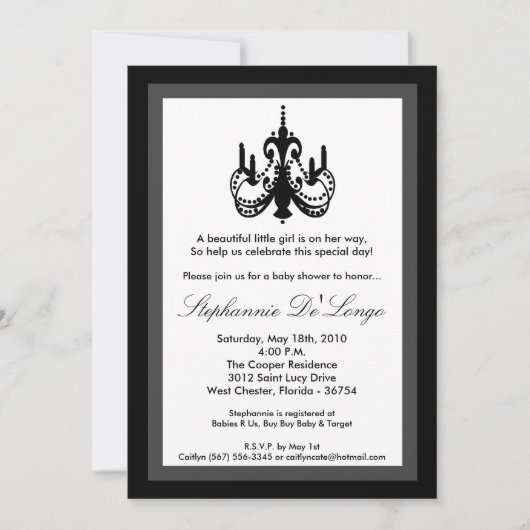 5x7 Chandelier Black White Baby shower Invitation Kaart (Voorkant)