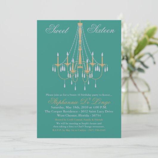 5x7 Chandelier Glitz Sweet 16 Birthday Invitation Kaart (Staand voorkant)