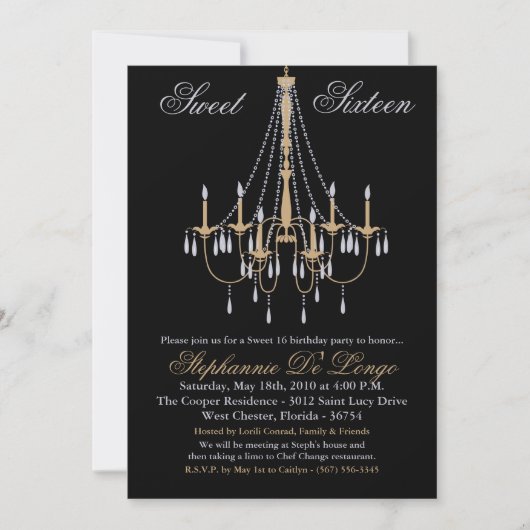 5x7 Chandelier Glitz Sweet 16 Birthday Invitation Kaart (Voorkant)