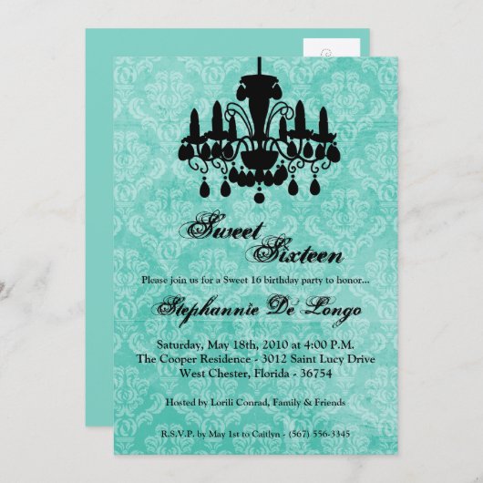 5x7 Chandelier Glitz Sweet 16 Birthday Invitation Kaart (Voorkant / Achterkant)