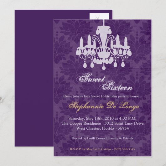 5x7 Chandelier Glitz Sweet 16 Birthday Invitation Kaart (Voorkant / Achterkant)