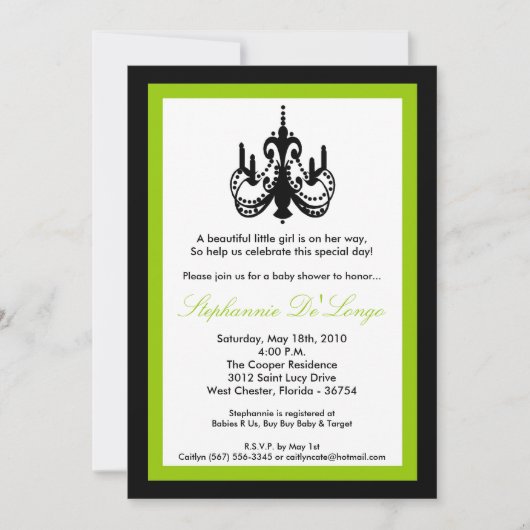 5x7 Chandelier Lime Green Baby shower Invitation Kaart (Voorkant)