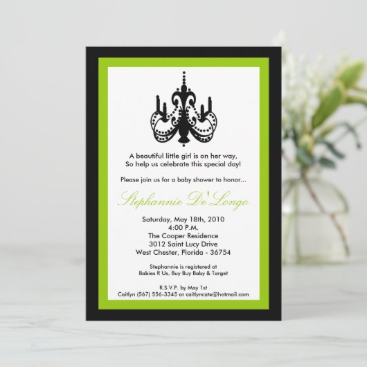 5x7 Chandelier Lime Green Baby shower Invitation Kaart (Staand voorkant)