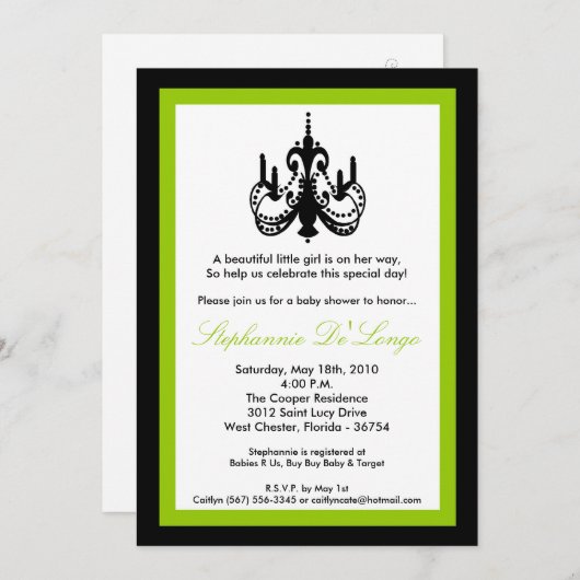 5x7 Chandelier Lime Green Baby shower Invitation Kaart (Voorkant / Achterkant)