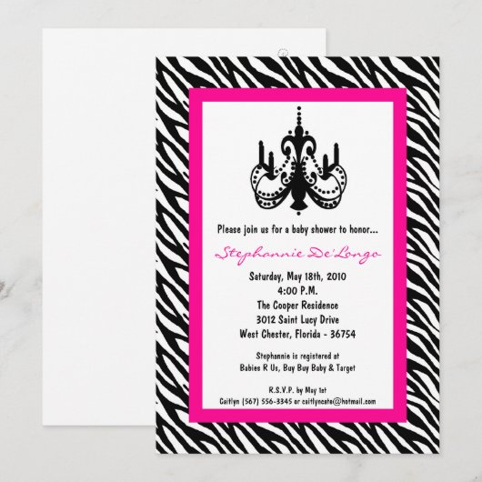 5x7 Chandelier Pink Zebra Uitnodiging (Voorkant / Achterkant)