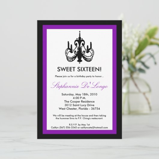 5x7 Chandelier Royal Paars 16 Birthday Uitnodiging (Staand voorkant)