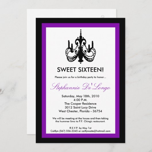 5x7 Chandelier Royal Paars 16 Birthday Uitnodiging (Voorkant / Achterkant)