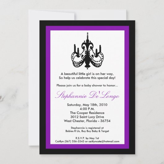5x7 Chandelier Royal Paars Baby shower Invitation Kaart (Voorkant)
