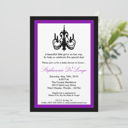 5x7 Chandelier Royal Paars Baby shower Invitation Kaart (Staand voorkant)