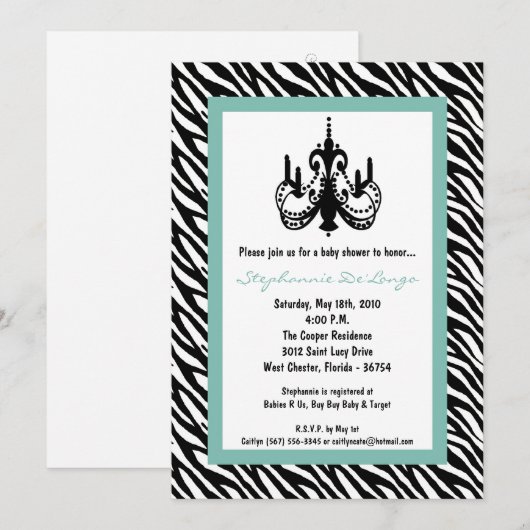 5x7 Chandelier Tiffan Zebra Baby shower Uitnodigin Kaart (Voorkant / Achterkant)