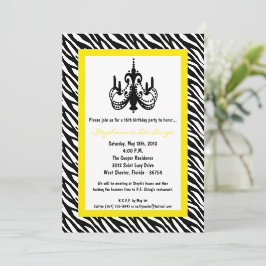 5x7 Chandelier Yell Zebra 16th Birthday Invitation Kaart (Staand voorkant)
