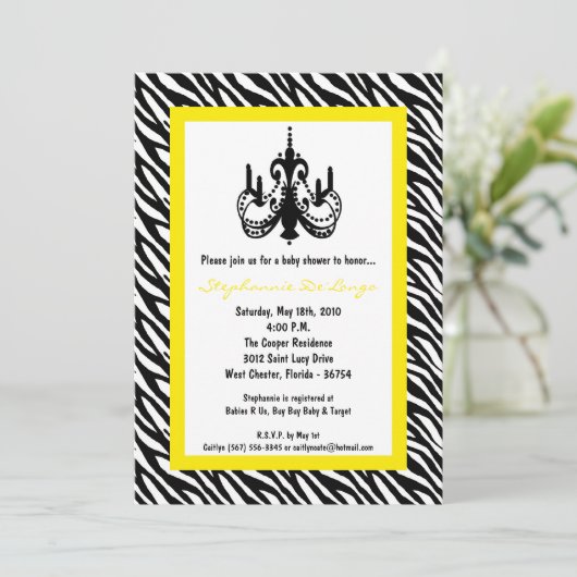5x7 Chandelier Yellow Zebra Invitation Kaart (Staand voorkant)