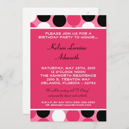 5x7 Colorful Pink Polka Dot Birthday Uitnodiging (Voorkant / Achterkant)