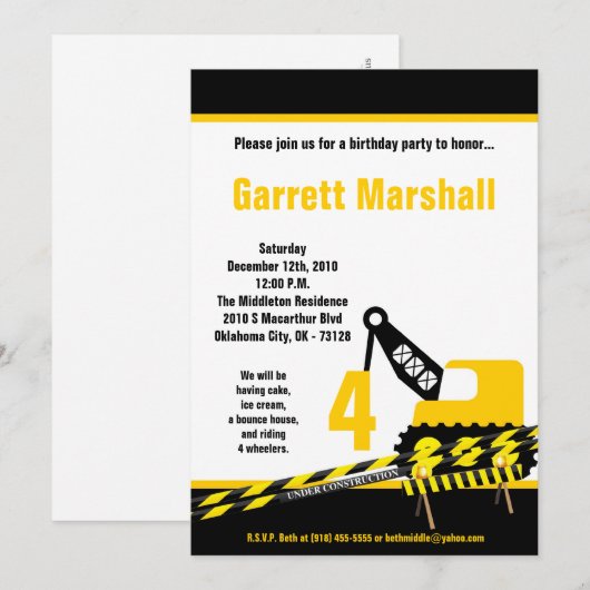 5x7 Construction Dozer Crane Birthday Invitation Kaart (Voorkant / Achterkant)