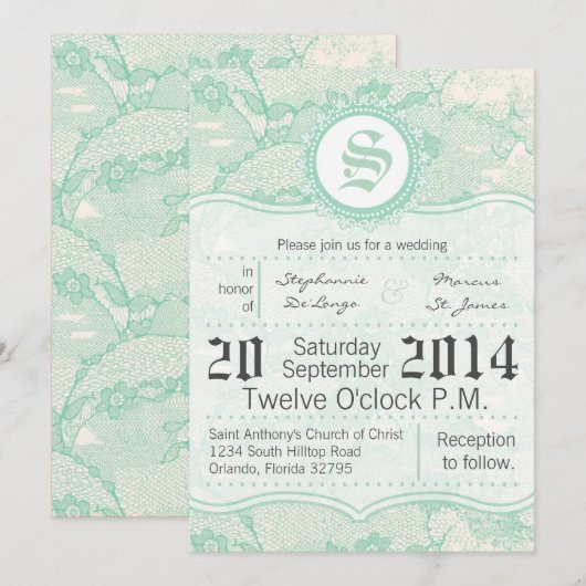 5x7 Country Mint Lace Print Uitnodiging voor het H (Voorkant / Achterkant)