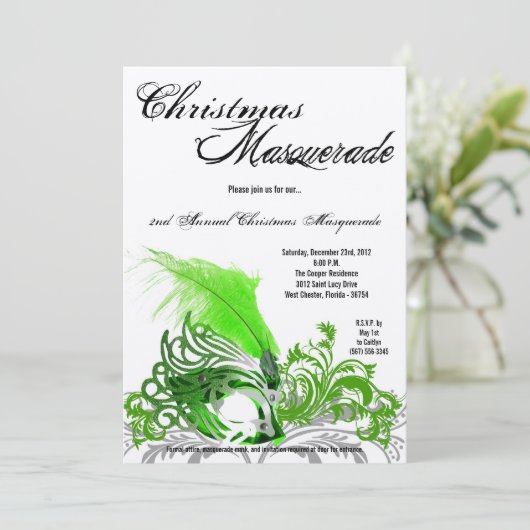 5x7 Crimson Green Masquerade kerstavond uitnodigin Kaart (Staand voorkant)