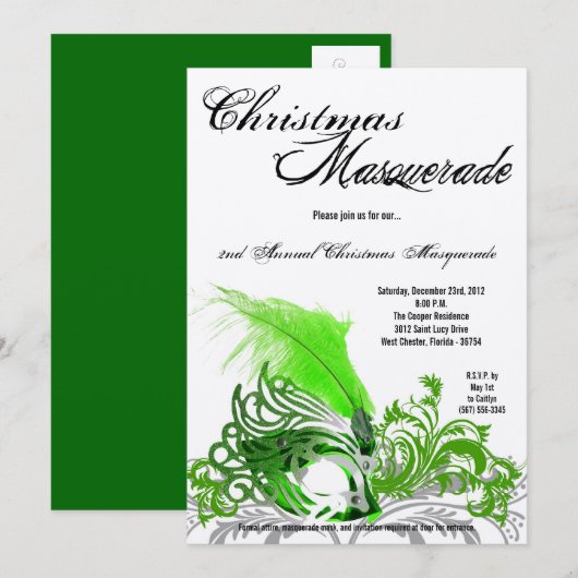 5x7 Crimson Green Masquerade kerstavond uitnodigin Kaart (Voorkant / Achterkant)