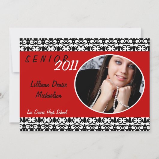 5x7 Crimson Red Damask Photo Senior Aankondiging (Voorkant)