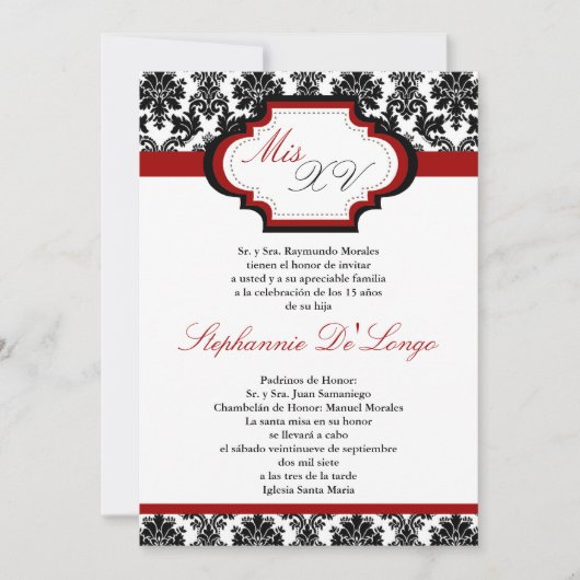 5x7 Crimson Red Damask Quinceanera Uitnodiging (Voorkant)