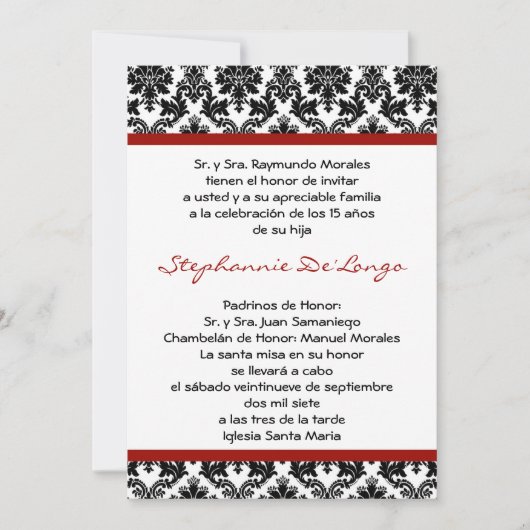 5x7 Crimson Red Damask Quinceanera Uitnodiging (Voorkant)