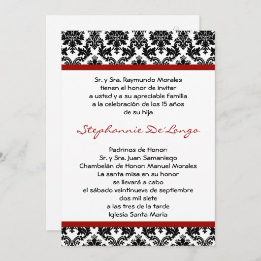 5x7 Crimson Red Damask Quinceanera Uitnodiging (Voorkant / Achterkant)