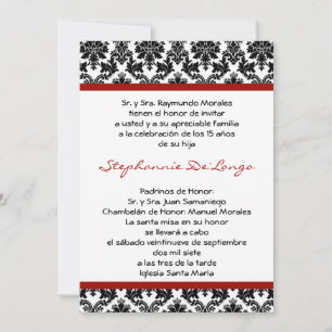 5x7 Crimson Red Damask Quinceanera Uitnodiging