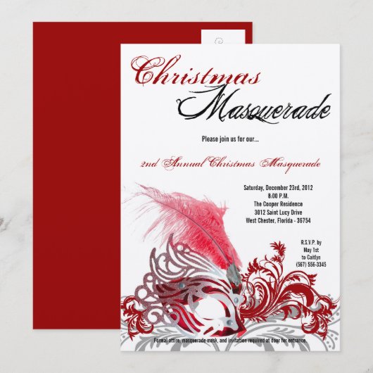 5x7 Crimson Red Masquerade kerstavond Kaart (Voorkant / Achterkant)