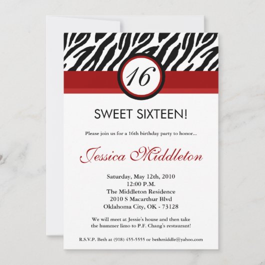 5x7 Crimson Red Zebra16th Birthday Invitation Kaart (Voorkant)