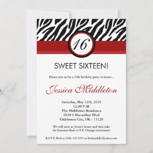 5x7 Crimson Red Zebra16th Birthday Invitation Kaart